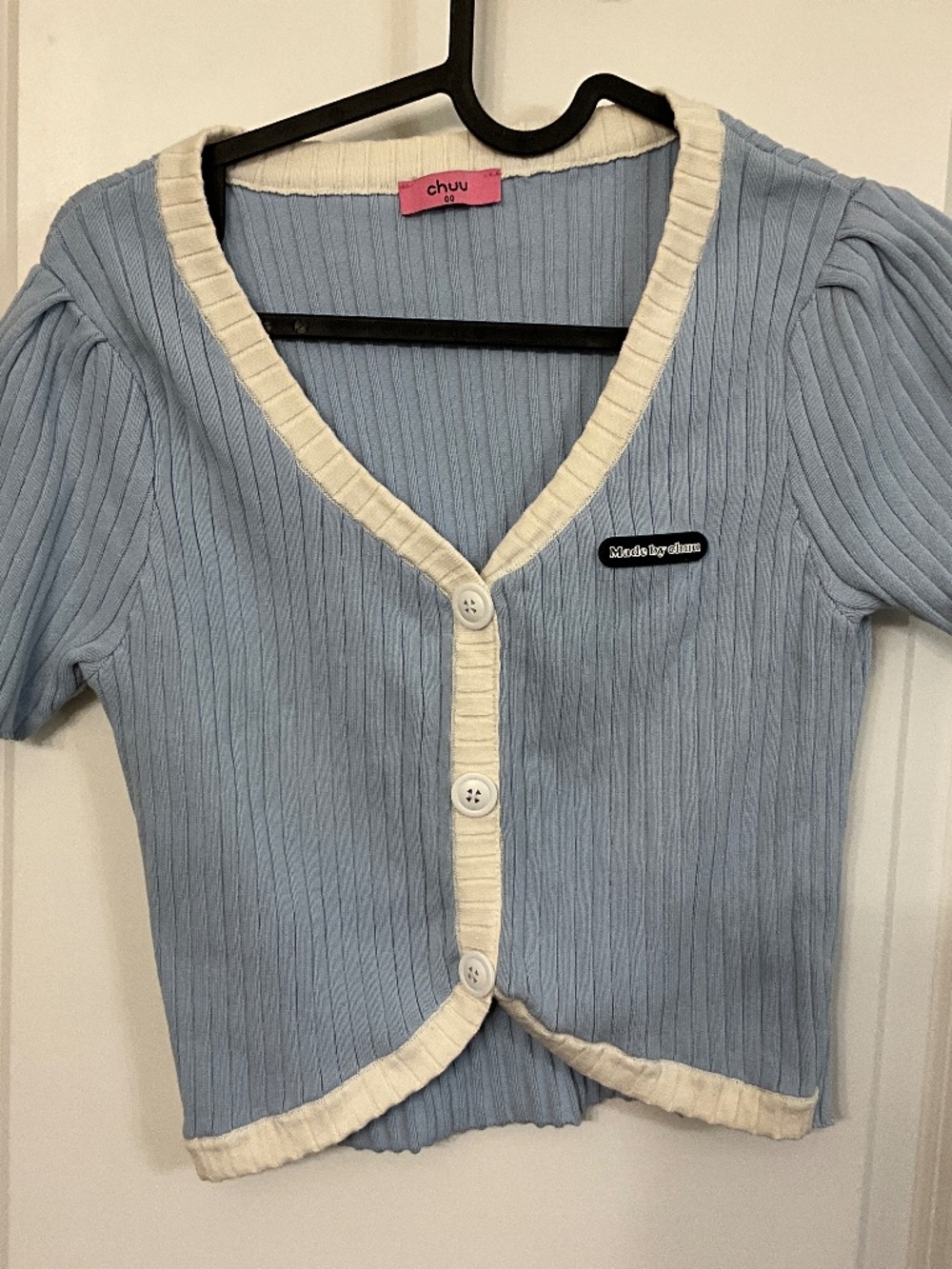 Chuu Blue Ribbed Crop Cardigan Puff Sleeve Size xs/s